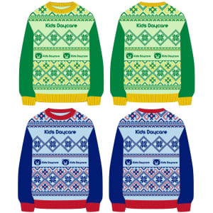 A collection of four unisex acrylic cotton jacquard sweaters in green, yellow, blue, and red, featuring various patterns.