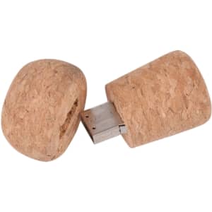 A cork-shaped flash drive with a metallic USB connector, featuring a natural cork colour and texture.