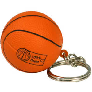 An orange basketball-shaped stress item attached to a silver keyring. It has textured surface details.