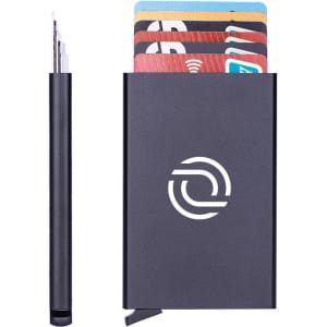 A metal RFID card holder in black, with multiple cards partially visible inside and a sleek design.