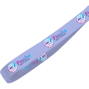 A lavender satin polyester ribbon featuring a logo in vibrant colours, showcasing full colour printing.