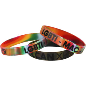 A set of three marble coloured silicone wristbands in rainbow hues, featuring text and a logo on each band.