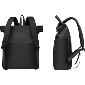 A roll top laptop backpack in black, featuring adjustable straps and a side zipper pocket, with a logo on the surface.