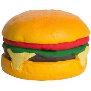 A hamburger-shaped stress reliever in yellow, red, green, and black, featuring a smooth texture and rounded form.