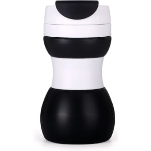 A drink bottle featuring a collapsible silicone design in black and white, showcasing a sleek, modern style with a logo.