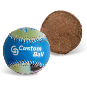 A promotional baseball in blue and green with stitching, featuring a logo, and a brown bottom side.