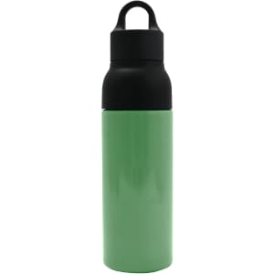 A drink bottle made of recycled stainless steel, featuring a mint green body and a black lid. It has a logo.