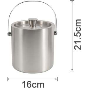 A stainless steel ice bucket with a lid and handle, measuring 16cm in diameter and 21.5cm in height.