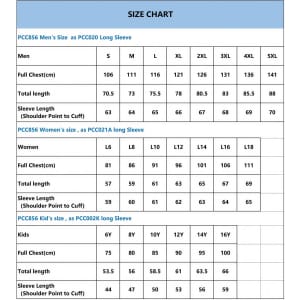 A size chart for long sleeve shirts, detailing measurements for men, women, and kids in various sizes.
