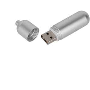A silver metal tube flash drive with a removable cap, showcasing its USB connection.