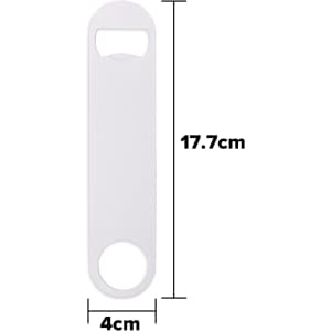A drink bottle opener in white, featuring a keyring attachment and dimensions of 17.7cm by 4cm.
