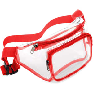 A clear fanny pack with red accents and a single zipper compartment. It features an adjustable strap.