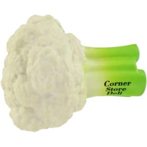 A white and green cauliflower-shaped stress reliever with a logo on the side.