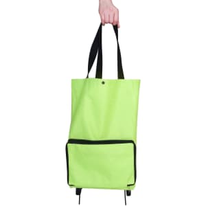 A bright green collapsible shopping trolley bag with a black zippered pocket at the front and black straps.