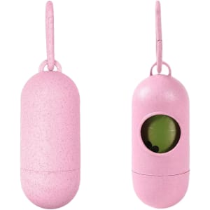 A pink eco-friendly pet waste bag dispenser with a loop for attachment and a transparent window.