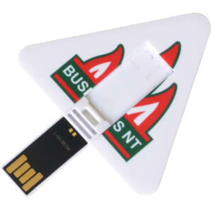 A triangular white flash drive with a black connector and a logo on the surface.