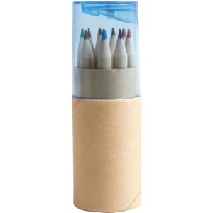 A container holding a set of recycled coloured pencils in various colours, featuring a clear blue cap.