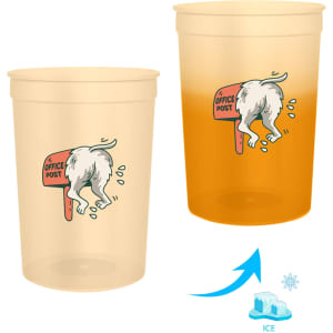A drink cup set featuring two colour changing plastic stadium cups in beige and orange, with a logo on each.