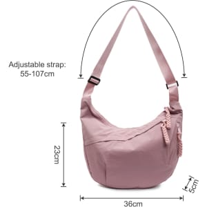 A pink Dumpling Crossbody Bag with an adjustable strap, featuring a zippered pocket and a simple design.