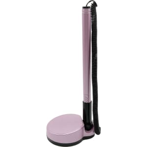 A fixed signature pen in a sleek design with a pink body and a black base, featuring a coiled cord.