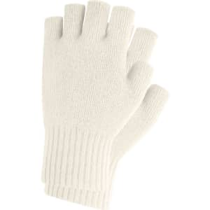 A pair of plain knitted fingerless gloves in white, featuring a ribbed cuff and a woven label.