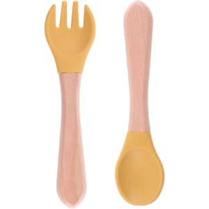 Ergonomic silicone kids cutlery set featuring a yellow fork and spoon with wooden handles.