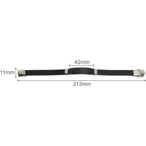 A black custom leather bracelet with silver details, measuring 213mm in length and 42mm in width.