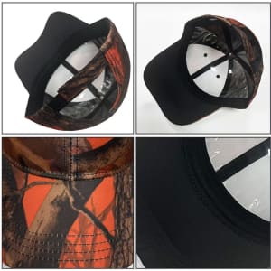 A camouflaged cap featuring shades of brown, orange, and black, with a logo and a structured design.