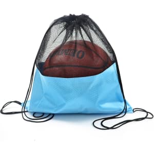 A blue drawstring mesh backpack with a black mesh top and a basketball inside. It features a logo on the front.