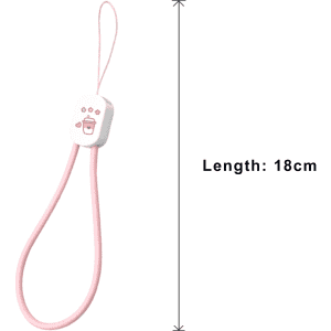 A pink charging phone strap with a white connector and logo, measuring 18cm in length.