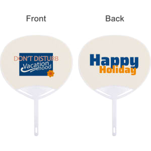 A PVC hand fan in cream with white handle, featuring a logo on one side and text on the other side.