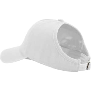 A white ponytail cap with an open back and adjustable strap, designed for easy hair placement.