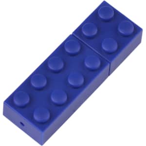 A blue stackable brick flash drive with a textured surface resembling LEGO blocks, featuring a logo.
