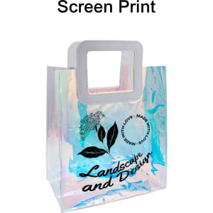 An iridescent rainbow PVC bag with a square handle and a printed design featuring floral elements and text.