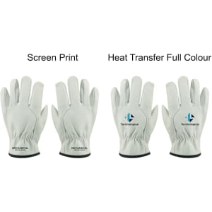 Three pairs of light grey leather work gloves displayed, featuring two different types of printing designs and a logo.