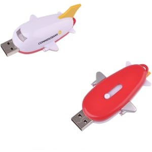 A flash drive designed in the shape of an aircraft, featuring red, white, and yellow colours, with a logo present.