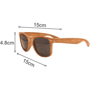 Wooden sunglasses with a brown finish, featuring dark lenses and measuring 15cm wide and 4.8cm tall.