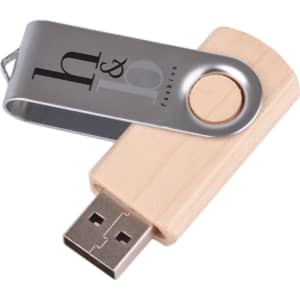 A metal swivel wooden flash drive featuring a silver and natural wood design with a logo.