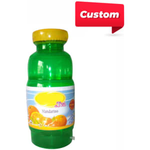 A green inflatable drink bottle with a yellow lid, featuring a label depicting mandarin fruit. It has a logo.