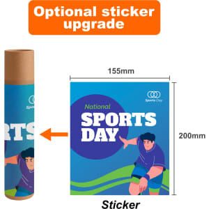 A cylindrical tube and a flat sticker featuring a colourful design with a character and the words "National Sports Day."