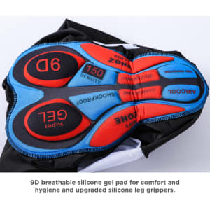 A padded cycling bib short featuring a 9D breathable silicone gel pad in blue and red for comfort and hygiene.