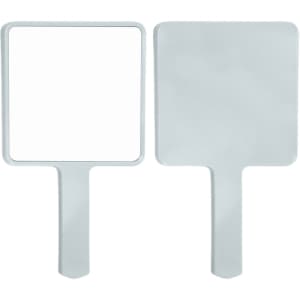 A handheld square mirror with a white frame and handle, featuring two reflective surfaces.