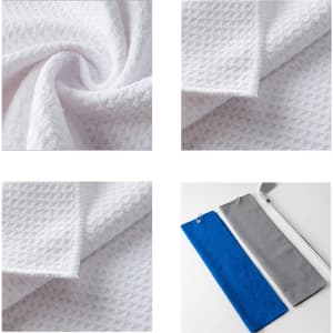 A waffle golf towel in white, featuring a textured pattern, alongside blue and grey version options. Includes branding.
