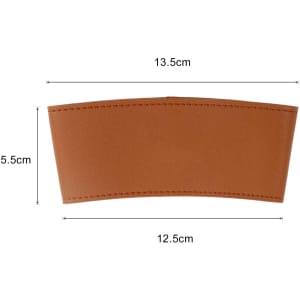 A leather cup sleeve in a tan colour, featuring measurements of 13.5 cm by 5.5 cm. It has a simple design and a logo.