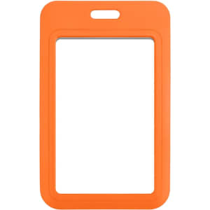 An orange ABS double-sided ID card holder featuring a rectangular shape with a top slot for attachment.