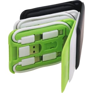 A multifunctional cable case in green, black, and white, featuring several charging cables neatly arranged inside.