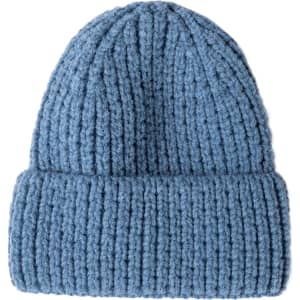 A blue twisted cable cuffed beanie with a ribbed texture and a fold at the bottom. It features a logo on the side.