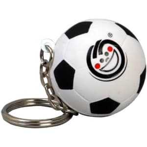A keyring featuring a black and white football stress reliever, attached to a metal chain. It includes a logo.