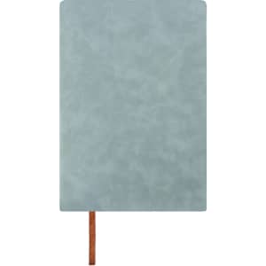 A light blue PU leather notebook with a brown ribbon marker and a textured cover, featuring a logo.