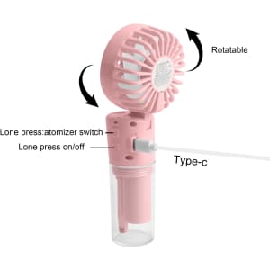 A pink neck spray fan with a rotatable design and a transparent water reservoir. It features a Type-C charging port.